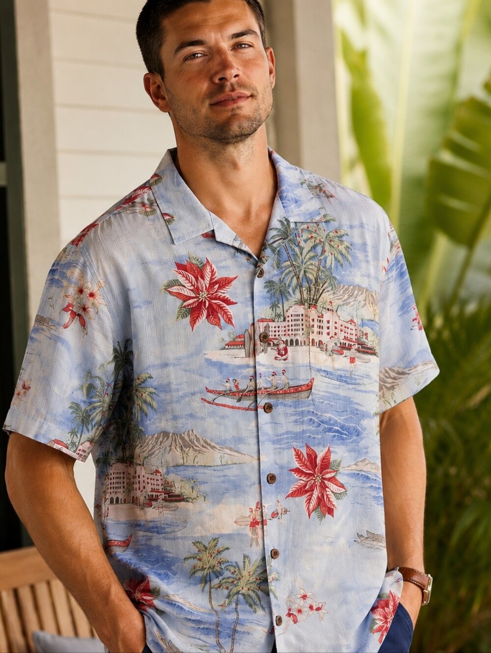 Tommy Bahama XL Christmas 100% Silk Hawaiian Shirt Santa Holiday Aloha Tropical